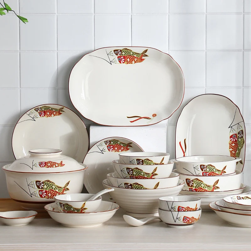 

Ceramic Stew Koinobori Plate Soup Bowl With Lid Delicate Spoon Saucer Janpanese Style Same Series Great Hand-Painted Carp Design