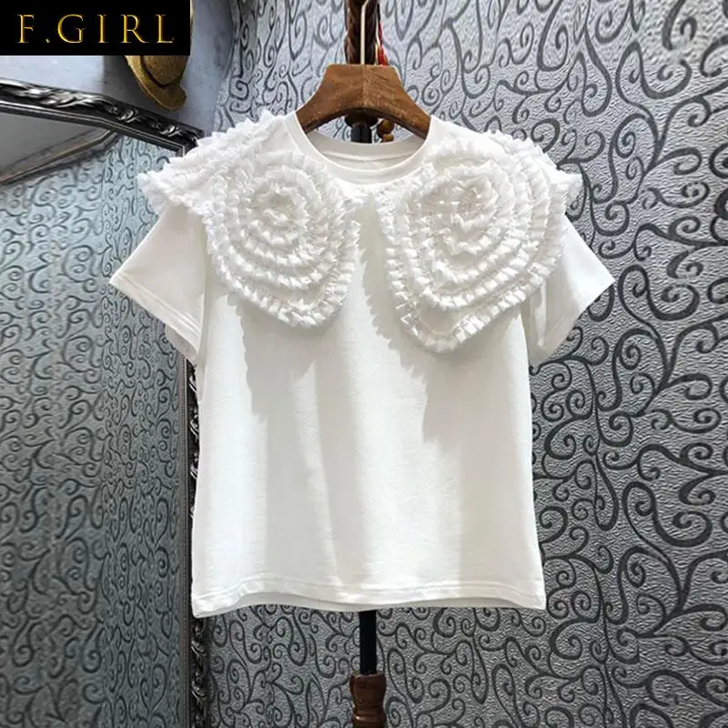 F GIRLS 3d Flower Patchwork Tshirts Women O-neck Short Sleeve Solid Color All-match T Shirt Summer New Arrival Korean Tees