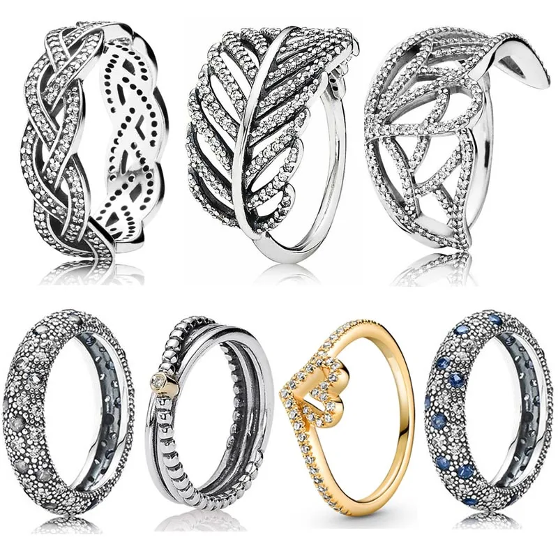 

New 925 Sterling Silver Popular Ring Love Twin Entwined Ribbon Butterfly Wing Wishbone Heart Feather Ring For Women Jewelry