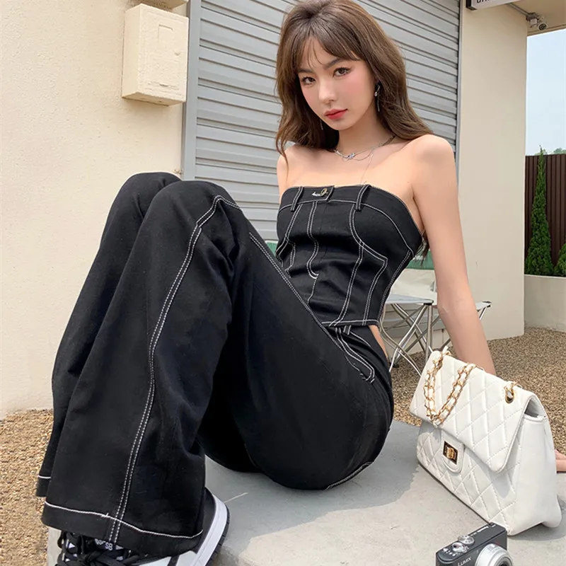 

2023 Spring Flare Jeans For Women Line Denim Straight Pants Jeans Full Length Female Trousers Jean Sleeveless Sexy Vest 4530