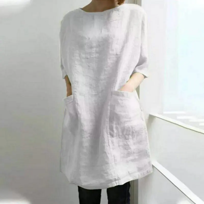 

Women's O-Neck Cotton and Linen Clothing Fashion Summer 2022 Casual Long Tops with Pocket Oversize 5XL Cloth for Female Pullover