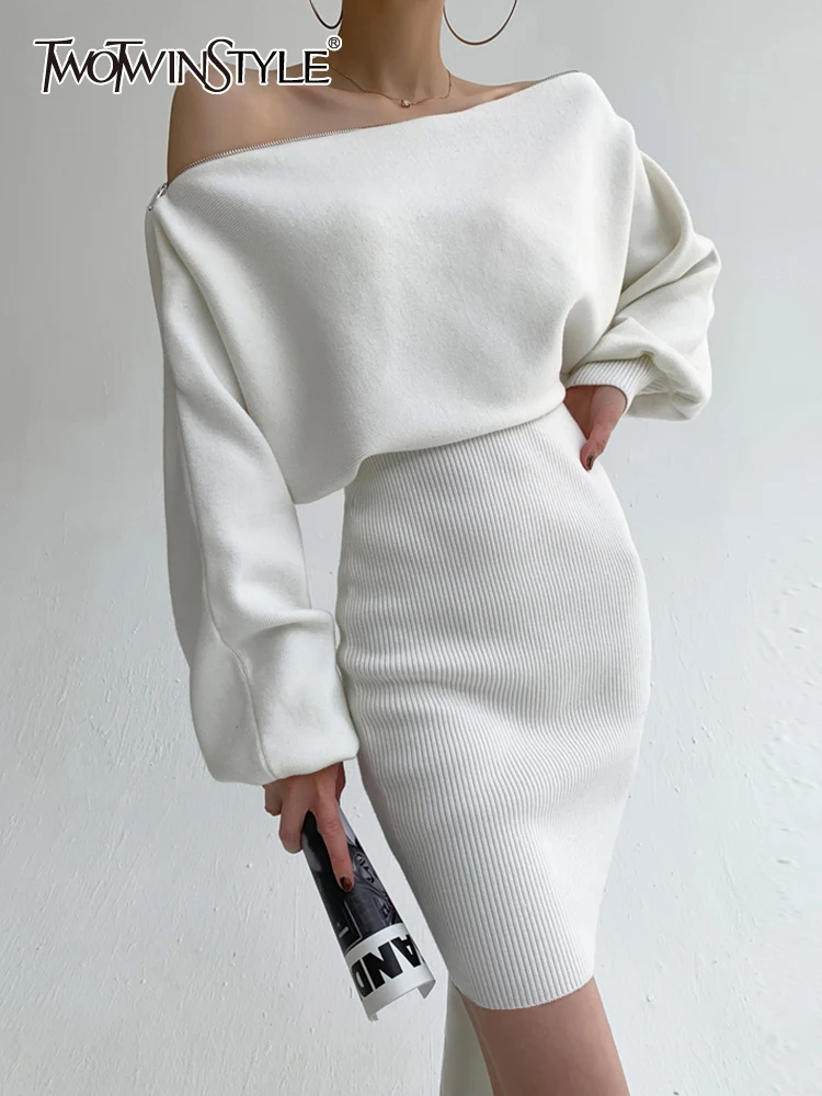 

TWOTWINSTYLE Slim Knitting Dress For Women Slash Neck Batwing Sleeve High Waist Solid Minimalist Midi Dresses Female Clothes New