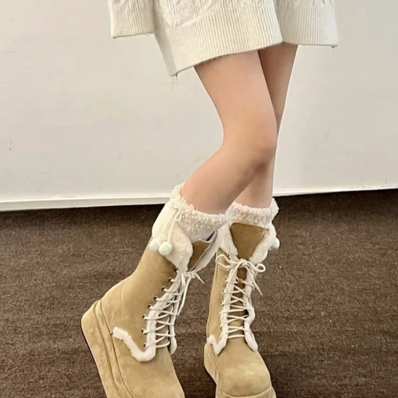 Женские ботинки до середины икры с перекрестной завязкой