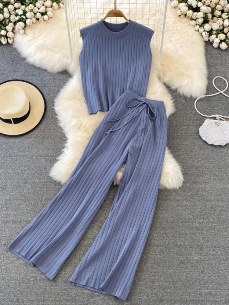 

Fashion Casual Women Suit Solid Sleeveless Short Top+Knitted High Waisted Loose Pants Modern New Office Lady Two Piece Set