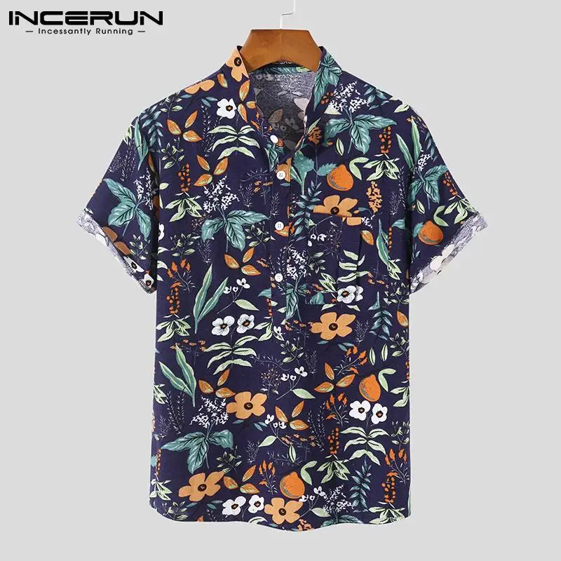 

INCERUN Men Hawaiian Shirt Printing Stand Collar Short Sleeve Streetwear 2022 Cotton Casual Camisas Retro Vacation Men Clothing