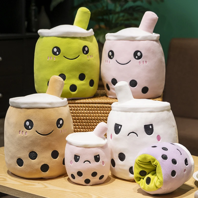

New Arrival No Zipper Kawaii Reversible Boba Plush Toys Double-Sided Bubble Milk Tea Soft Doll Pillow Christmas Gifts for Kids