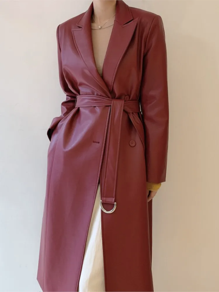 

Casual Loose Elegant Midi Women PU Trend Coat Oversized Vintage Slim Streetwear Windbreaker Femme Fashion Black Raincoats New