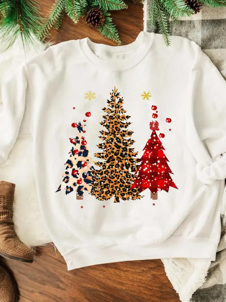 

Leopard Plaid Tree Cute Fashion Women Merry Christmas Happy New Year Sweatshirts Holiday Print Wear Clothing Graphic Pullovers