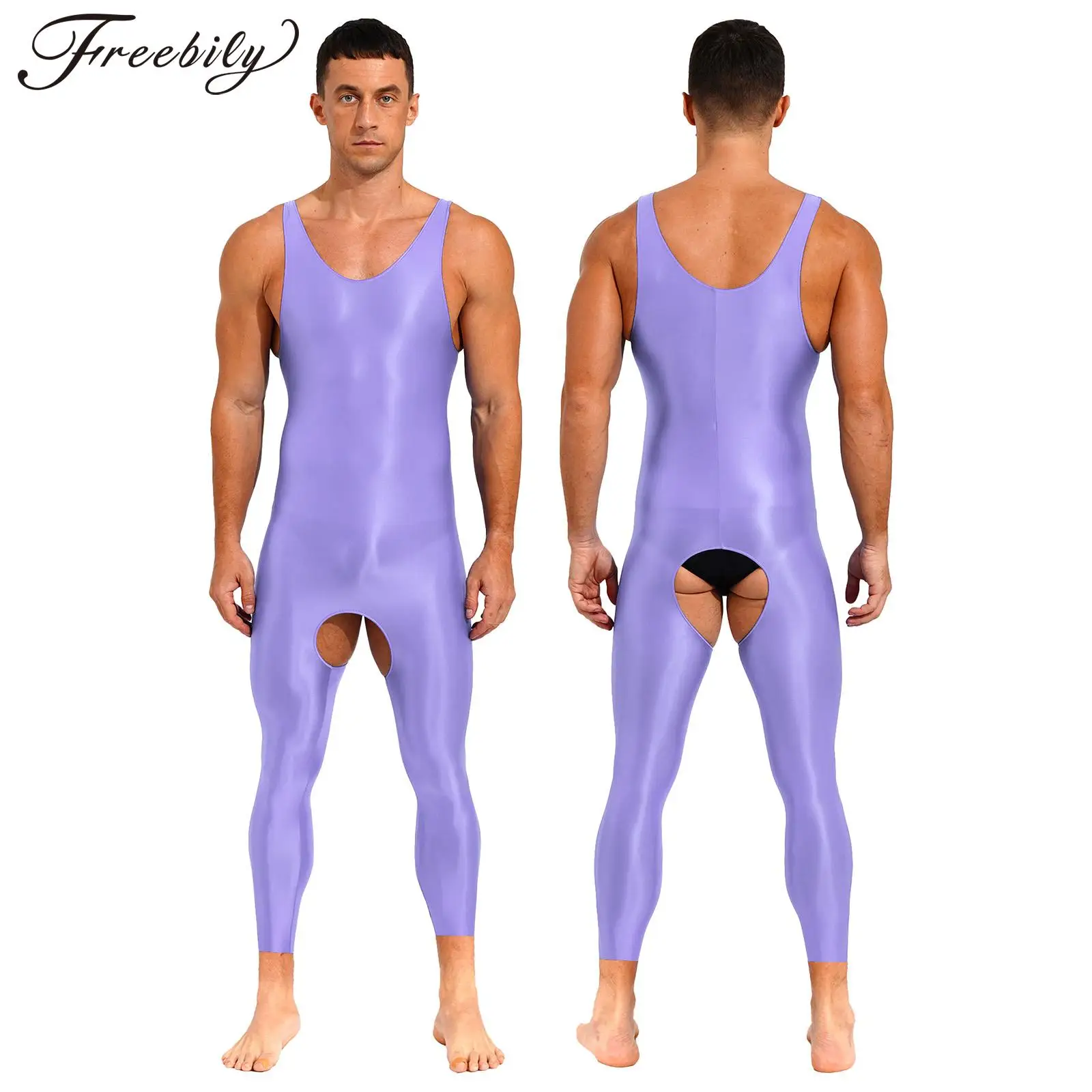 

Mens Sexy Crotchless Bodysuit Sleeveless Glossy Stretchy Tights Jumpsuit Rave Party Nightclub Pole Dancing Sleepwear Swimwear