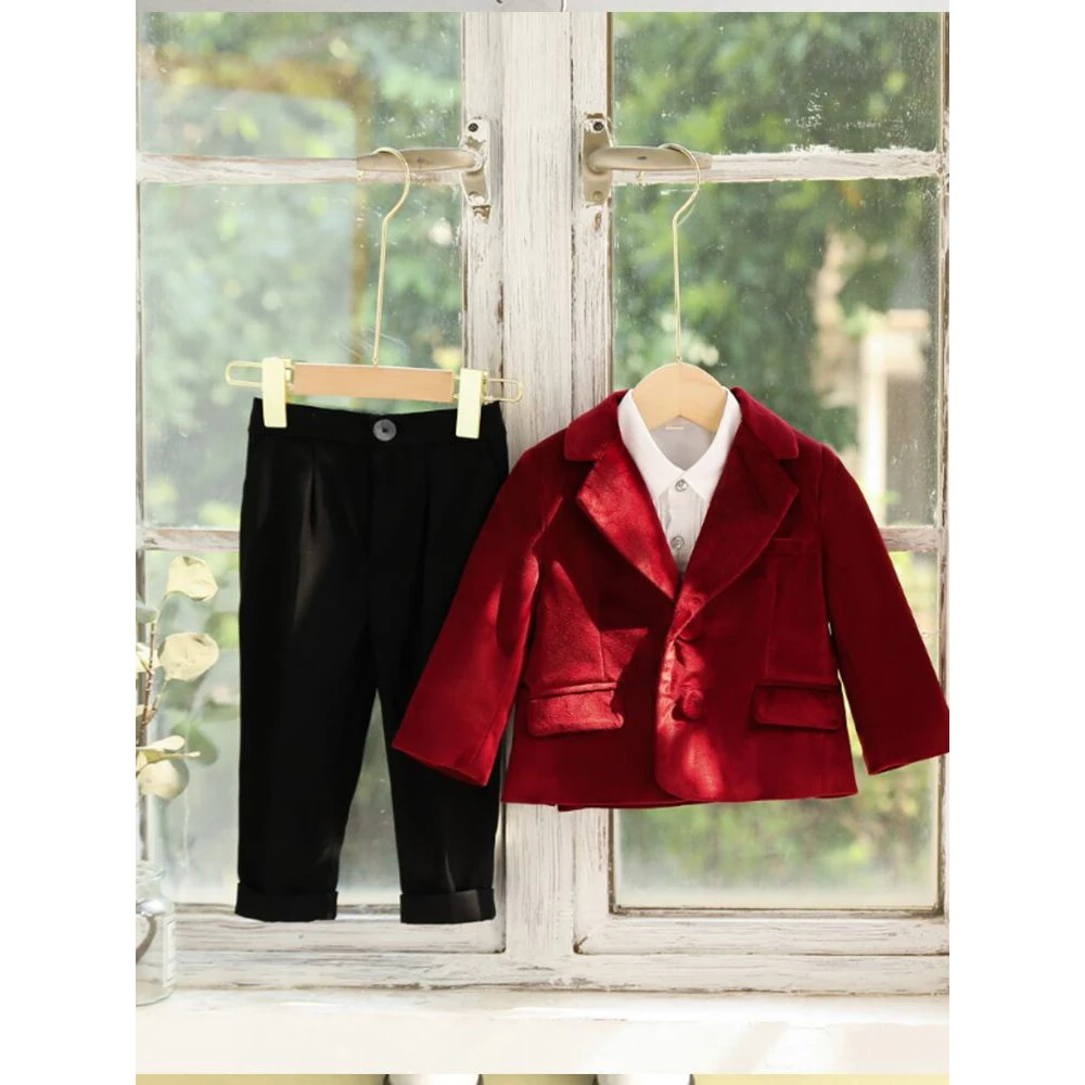 

Velvet Single Breasted Suit Luxury Full Boy's Suit for Wedding 2023 Kids Tuxedo 2 Piece Two Button Blazer Pants Set Child