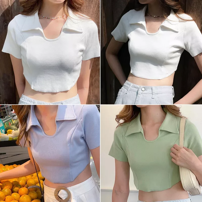 

Summer Women Short Sleeve T Shirt Harajuku Solid Color Tees Female Slim Basic Streetwear Turn Down Collar Sweat Tops y2k Clothes