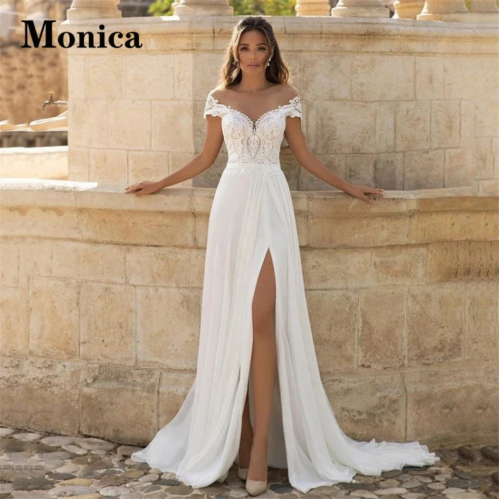 

MONICA Slit V-Neck Wedding Dresses Off The Shoulder Chiffon A-Line Charming Appliques Illusion Court Train Button Made To Order