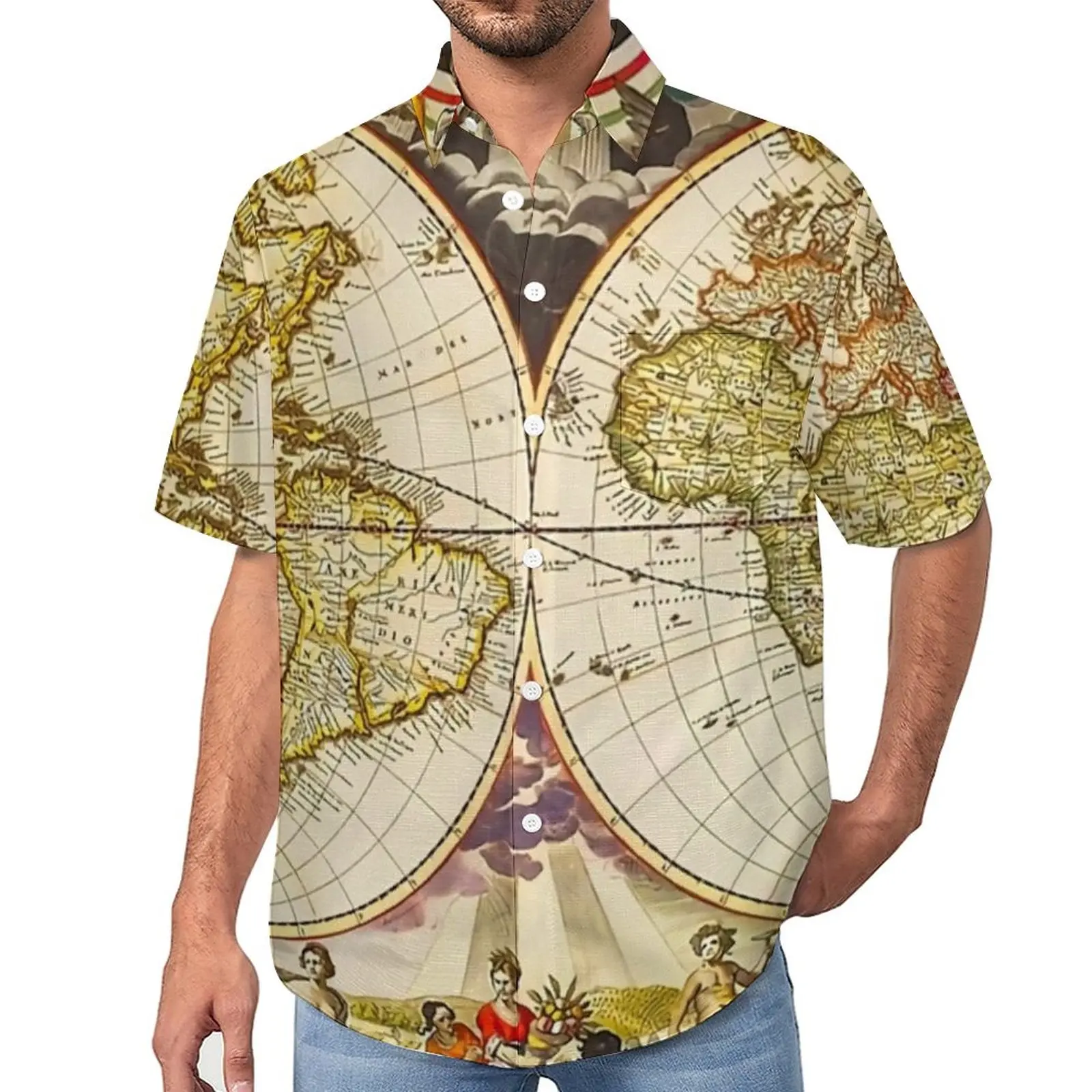 

Vintage Earth Map Casual Shirt Vintage Anitque Vacation Loose Shirt Hawaiian Stylish Blouses Short-Sleeve Graphic Oversized Tops