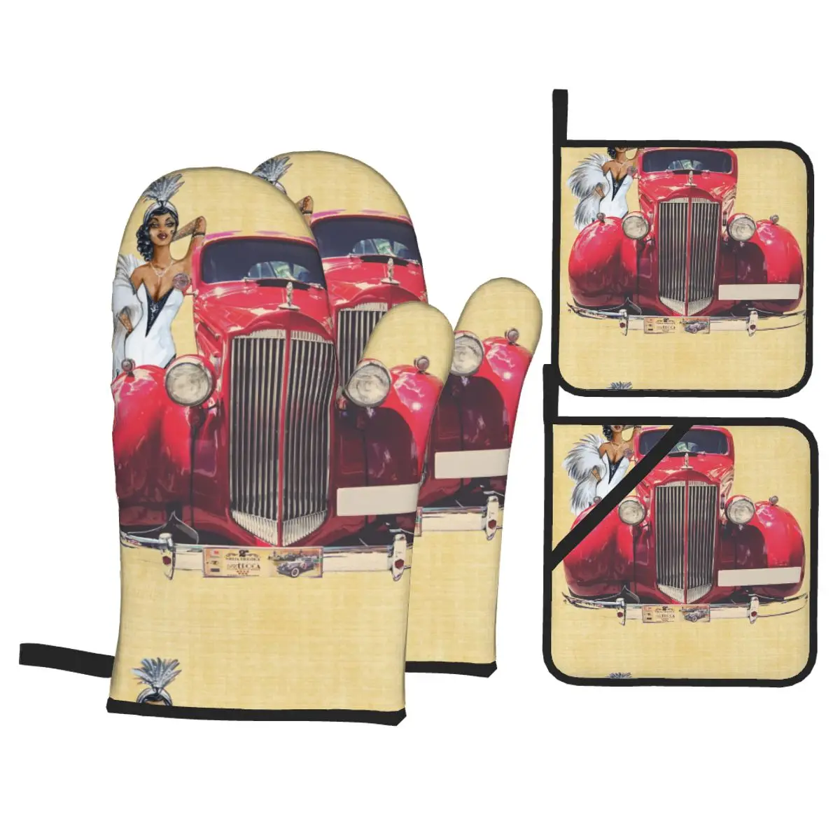 

4 Set of Kitchen Gloves Insulation Vintage Car And Woman Pad Cooking Microwave Gloves Baking BBQ Oven Potholders Mitts