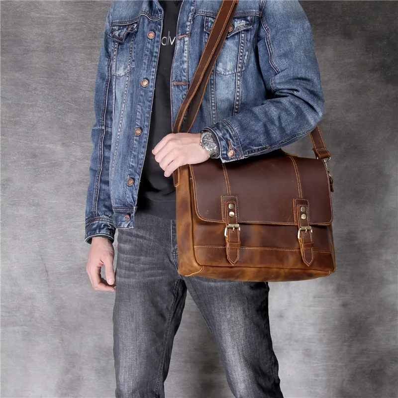Business vintage crazy horse cowhide men's briefcase genuine leather lawyer brown handbag 13 inch laptop shoulder messenger bags