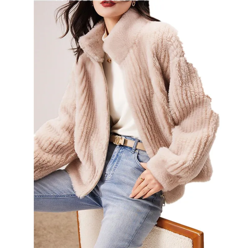Spring Autumn Women's Coat Fashion Loose  Stand Collar Show Thin Imitated Lamb Fur Coat Casual Fake Fur Coat