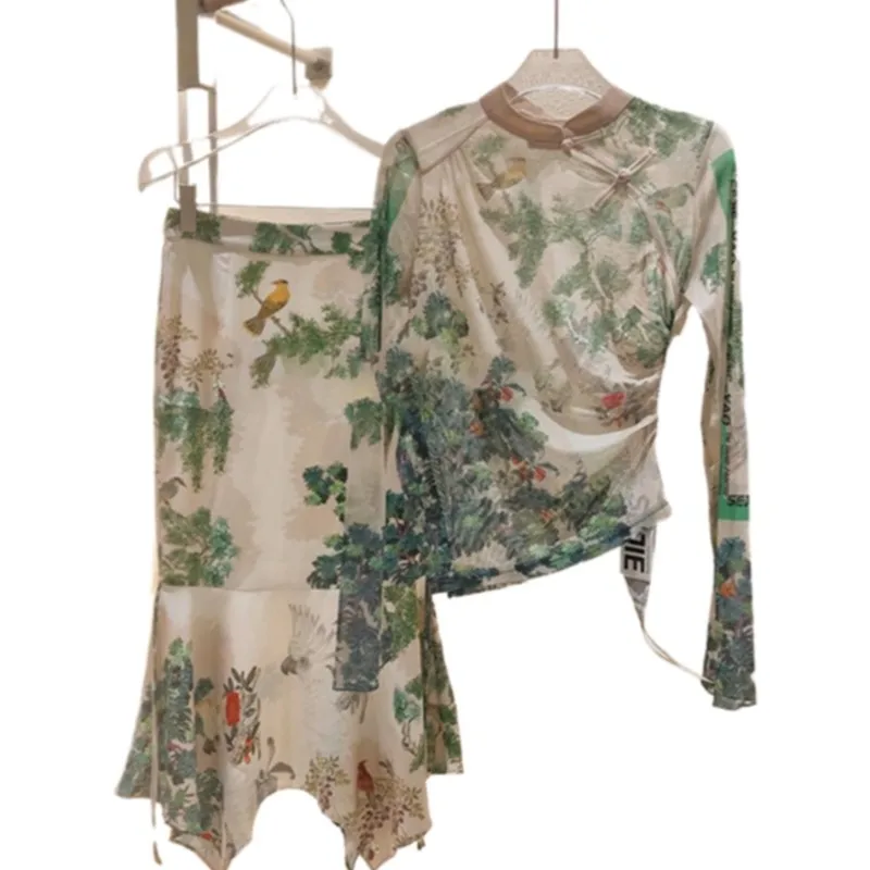 Китайский стиль воротник-стойка длинный рукав топ на пуговицах с цветочным