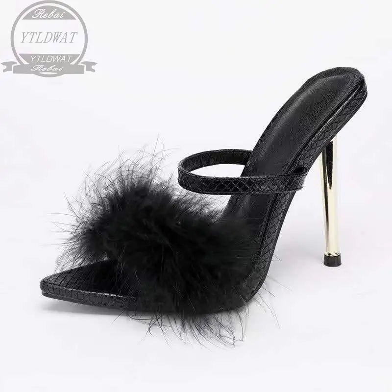 2022 NEW Summer New Pointed Black Feather Heels Hairy Shallow Open Toe Shoes Super High  Women's Sandals Pump  Zapatos