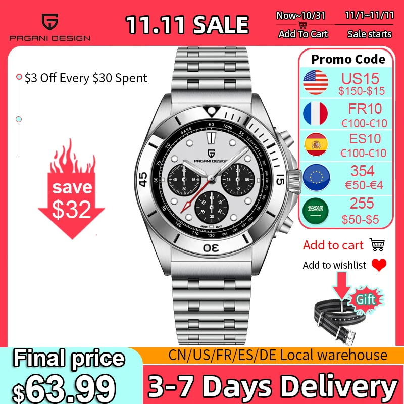 Продажа Часы PAGANI DESIGN Мужские кварцевые, 10 бар, водостойкие, из нержавеющей стали