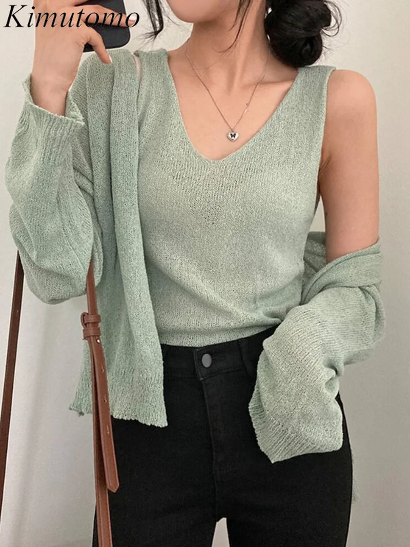 

Kimutomo Gentle Solid Loose Knit Suit Woman Elegant V-neck Short Vest Long Sleeves Versatile Cardigan Set Ins Fashion 2022 New