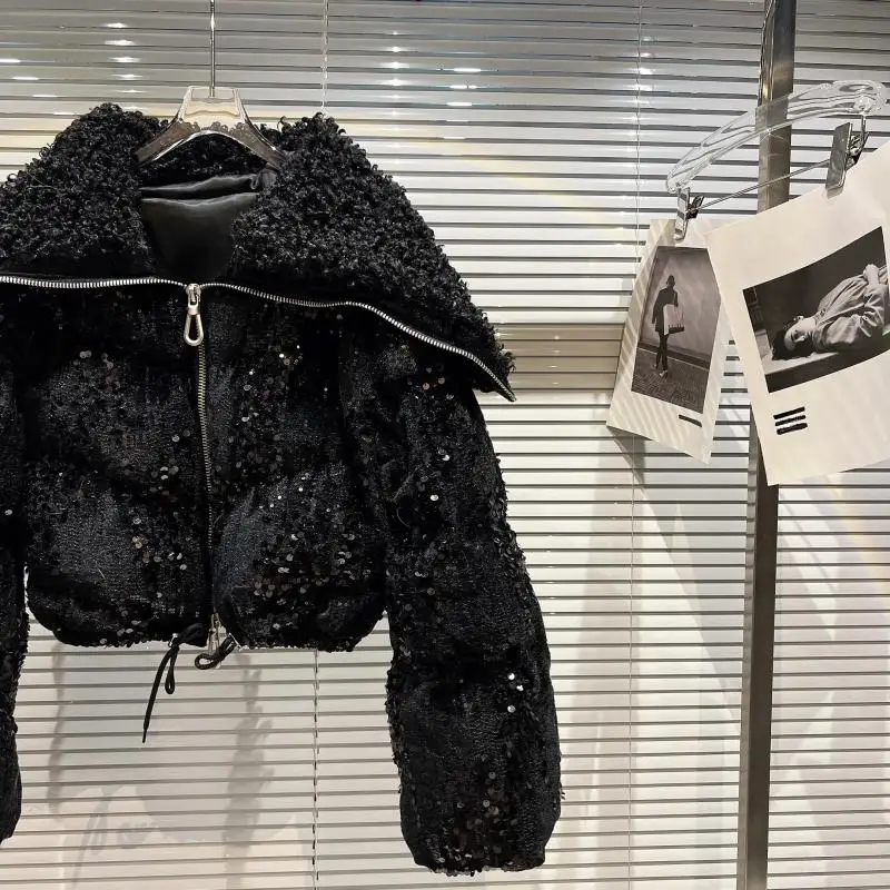 Woman Full Sequined Velvet Short Cotton Jacket 2022 Winter New Sailor Collar Fleece Sailor Collar Cotton Padded Coat Parka Mujer