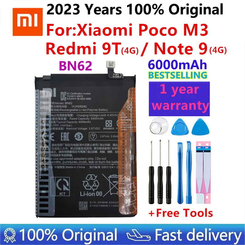 

Xiao Mi 100% Original New 6000mAh BN62 Battery For Xiaomi Pocophone Poco M3 For Redmi Note9 9T Battery Batteries With Tools