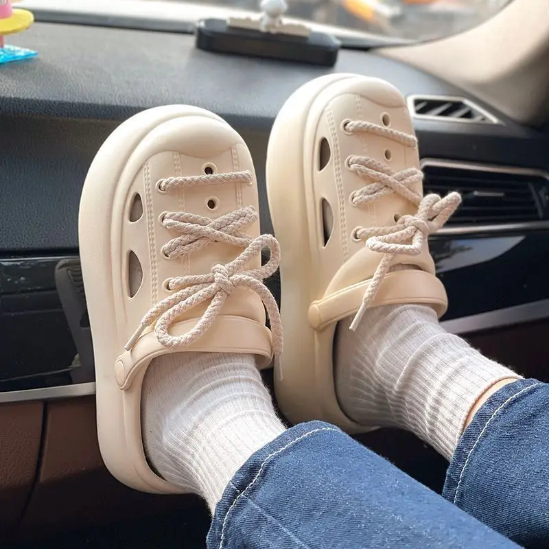 5 cm Elevator Shoes Garden Clogs Women Summer Lace Up Slipper Clogs Woman On The Platform Mules Girls Gothic Slippers String