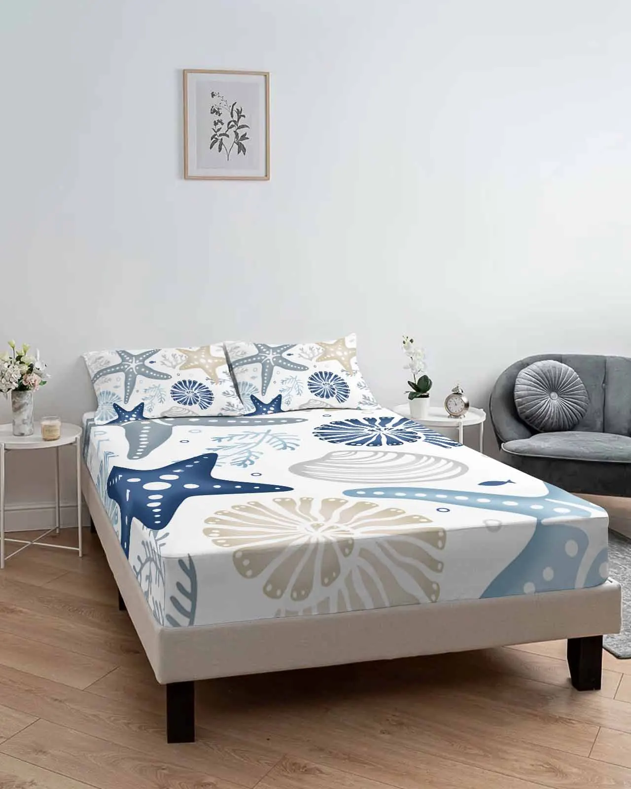 Постельное белье синее морское существо цвета хаки Королевский размер