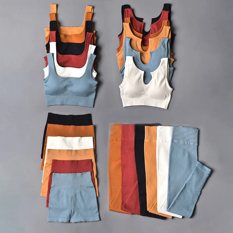 Качественный ребристый комплект для йоги спортивная одежда Женский костюм
