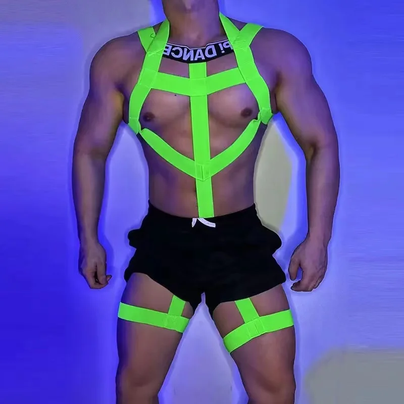 

Muscle Men Nightclub Gogo Dancing Clothes Rave Outfit Fluorescent Green Male Sexy Chest Strap Pole Dance Stage Costume