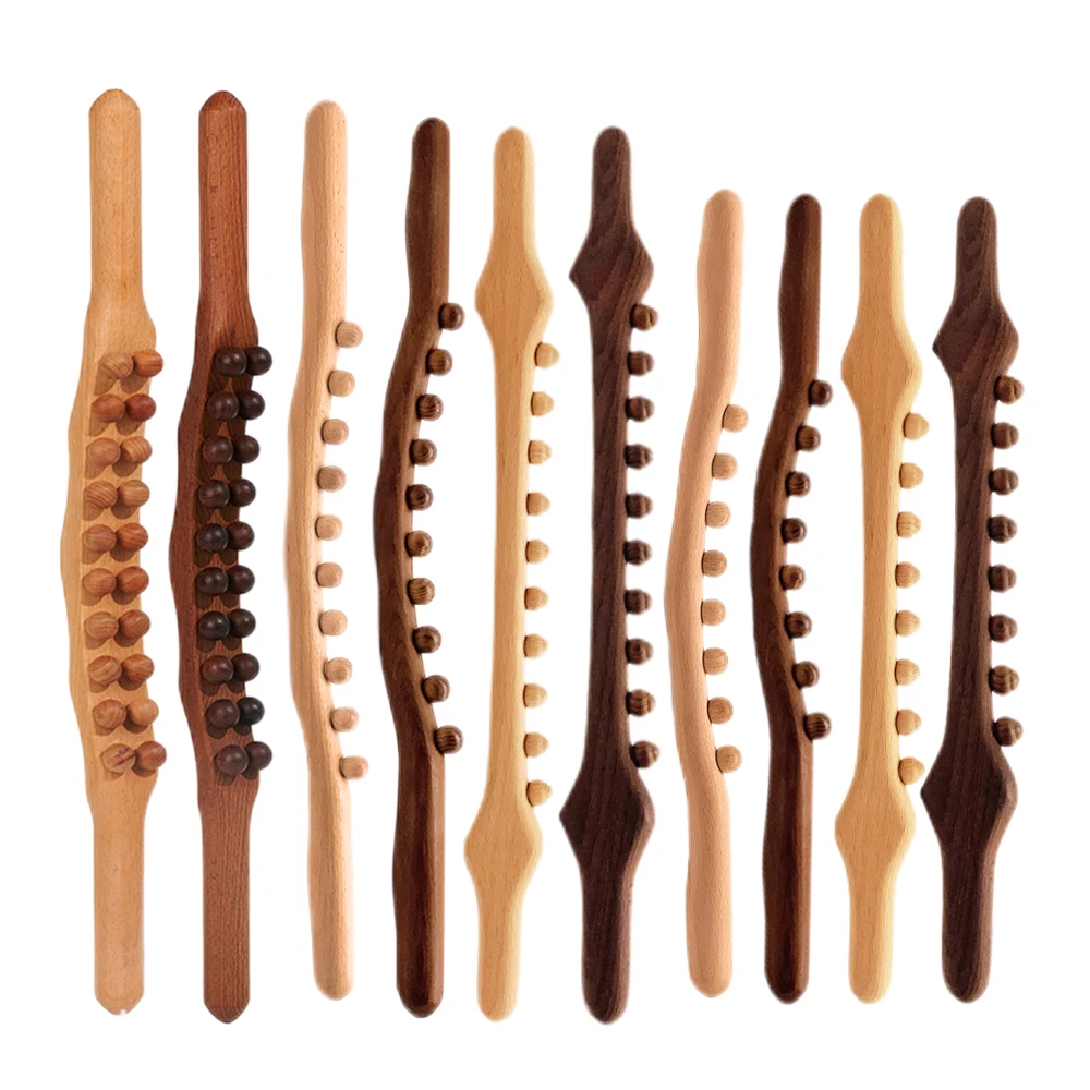 

Natural Wood Scraping Massage Stick Double Row 20 Beads Back Leg Body Massager Spa Therapy Tool Point Treatment Gua Sha Relax