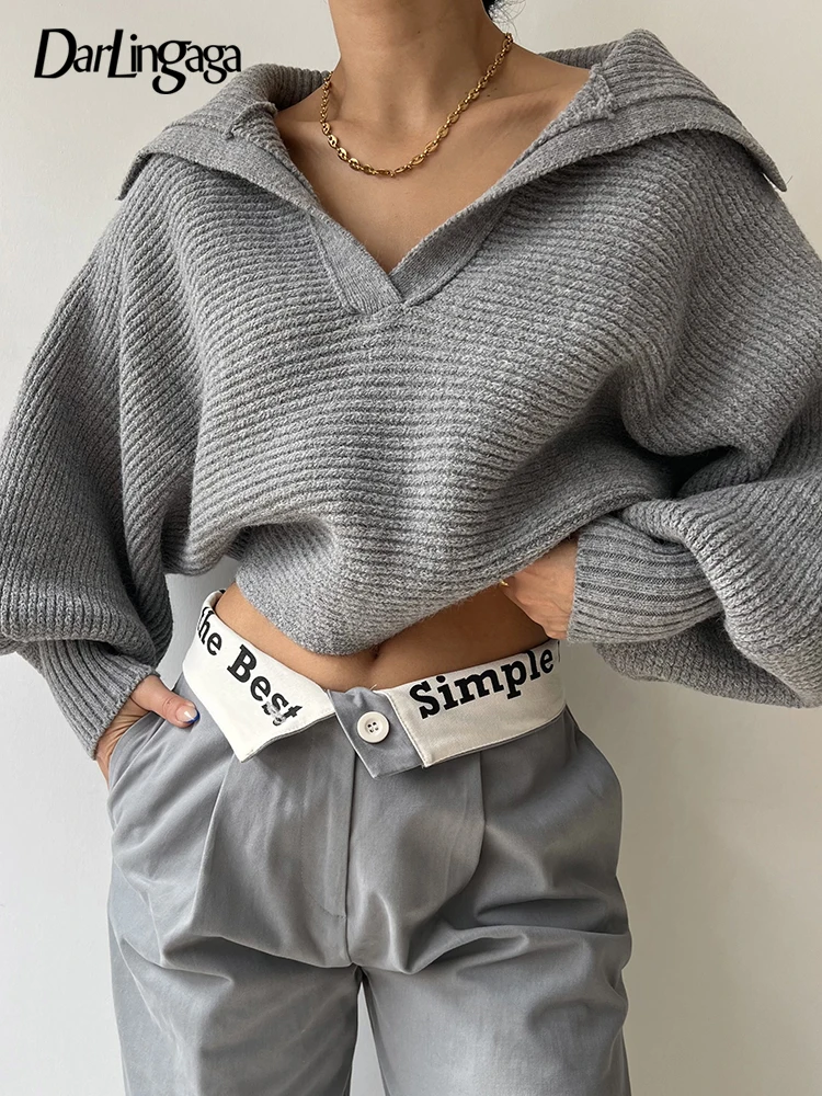 

Джемпер Darlingaga Женский Повседневный, однотонный Свободный вязаный свитер, базовый модный шикарный пуловер, Вязаный топ с отложным воротнико...