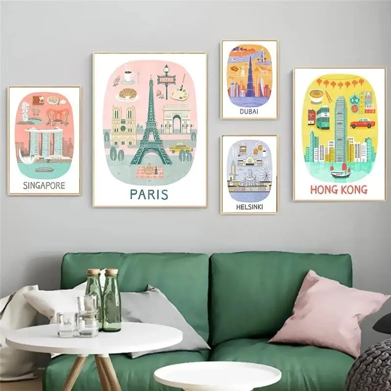 

Modern Canvas Painting Travel City Characteristic Singapore Paris Dubai Hong Kong Helsinki Cartoon Poster and Print Home Decor