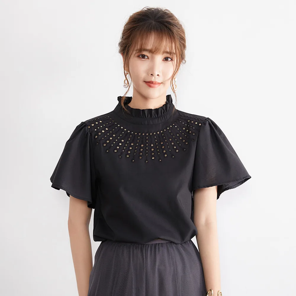 

Hollow Out Stand Collar Women Casual Blouse Black Summer Fashion Office Lady Chic Shirts Slim Elegant Korean Japanese Style Tops