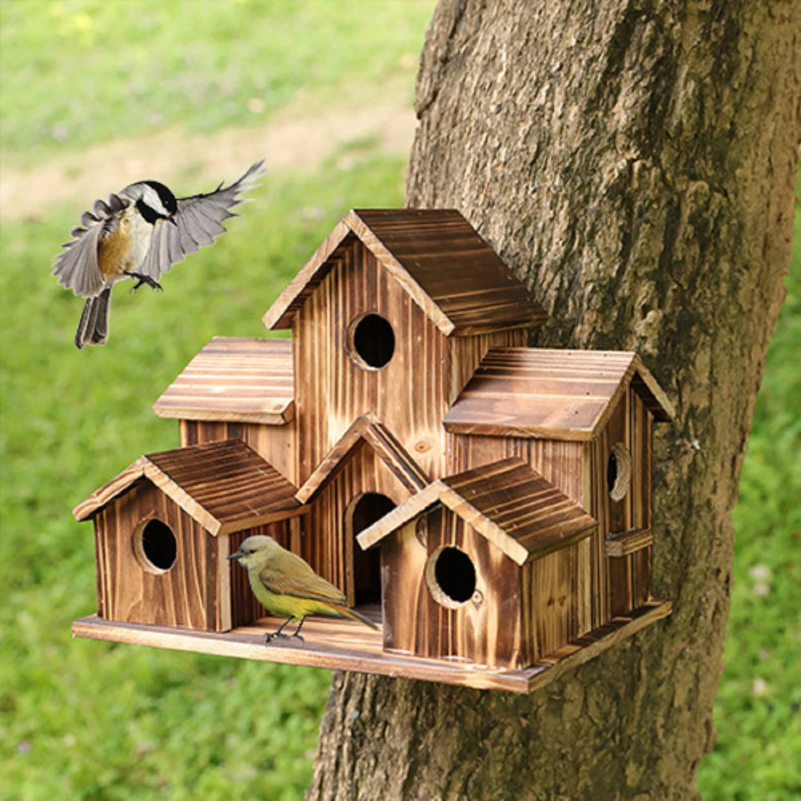 

Деревянный домашний домик для птиц с 6 отверстиями, натуральный домашний домик ручной работы для наружного двора, внутреннего дворика, Декор
