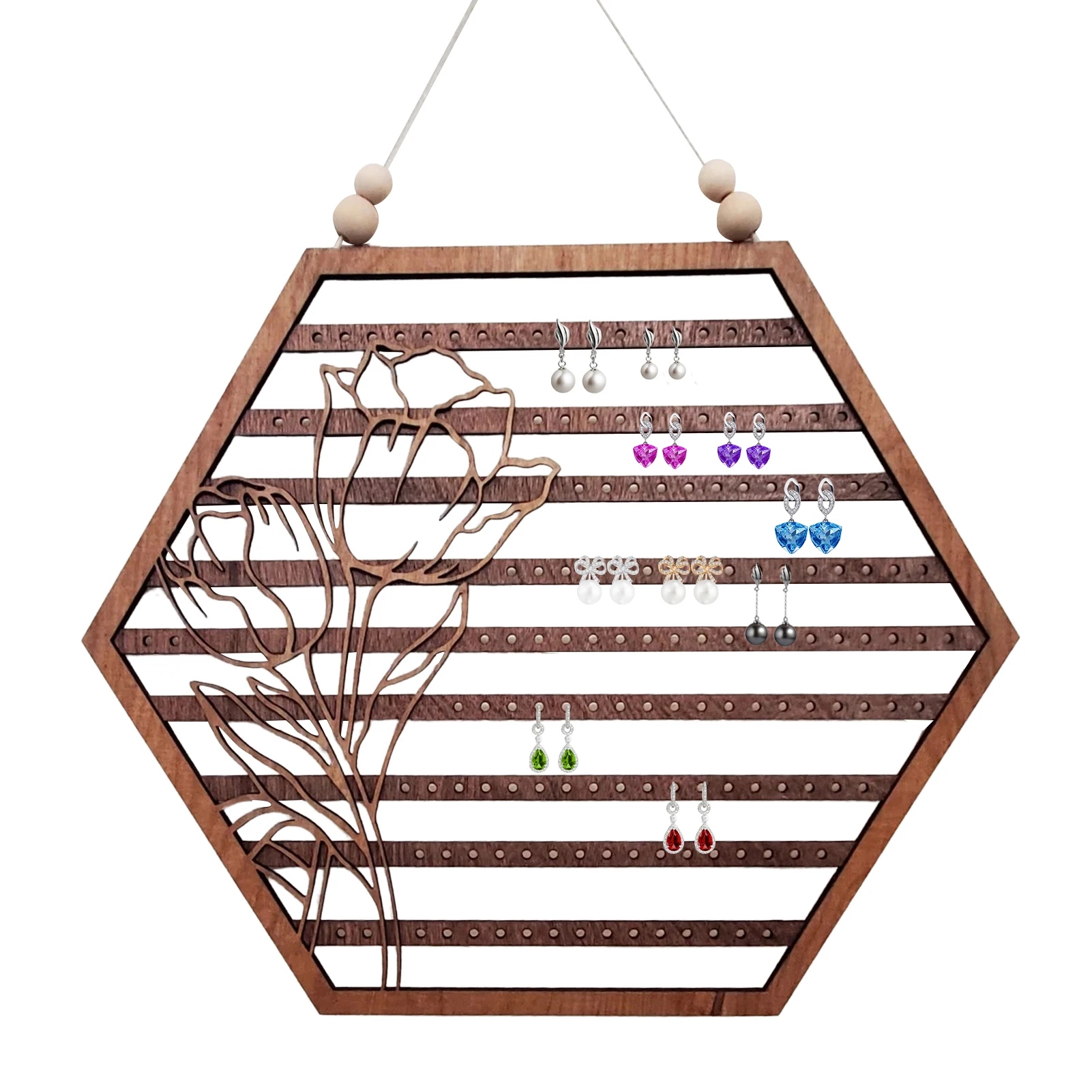 

Настенный деревянный органайзер для сережек, витрина в виде полумесяца и шестиугольника для ювелирных изделий, настенный держатель для сер...