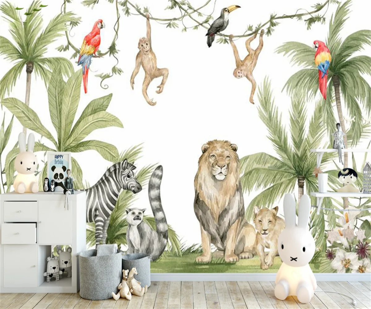 

custom watercolor jungle nursery 3d wallpaper wall mural Children's room animal Wallpaper sticker art decorate