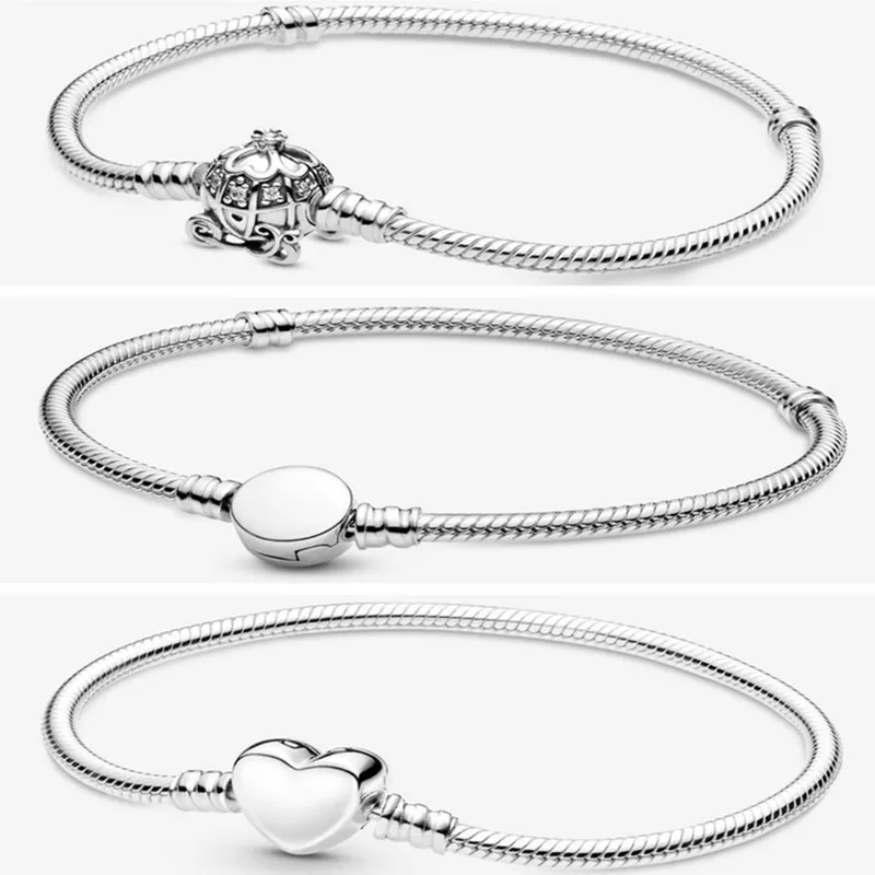 

Authentic 925 Sterling Silver Moments Engravable Heart Clasp Snake Chain Bracelet Bangle Fit Bead Charm Diy Fashion Jewelry