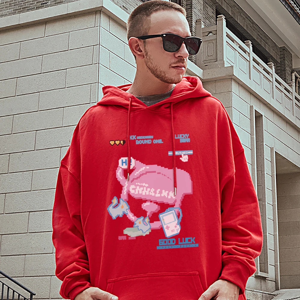 

Pixel World Good Luck Printed Mans Cotton Long Sleeves Fashion Cartoons Hip Hop Pullovers Creativity All-math Tops Men Hooded