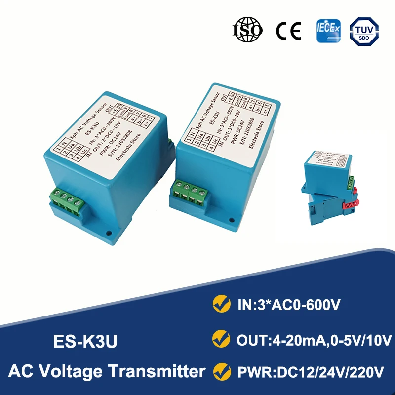 

AC Voltage Transmitter Three Phase 4-wires 4-20mA 0-10V Output AC0-600V Voltage Sensor DC12V 24V 220V Power Supply Transducer