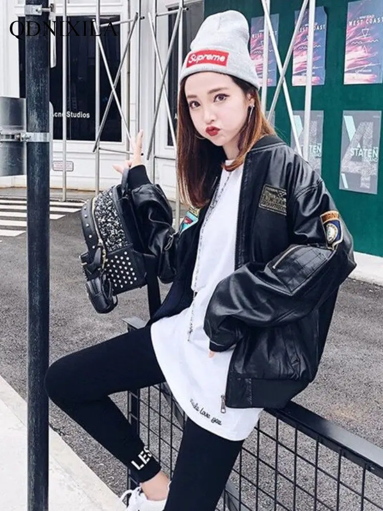 New Embroidered Women's Leather Jacket for Female Couples Loose Jackets Korean Version Coats Motorcycle Leather Jacket Woman