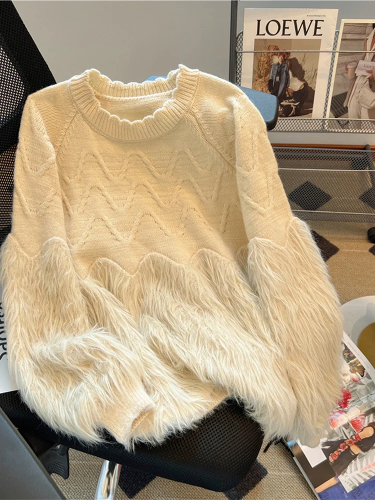 Women's Mohair Pullover Sweater Harajuku Aesthetic Y2k Long Sleeve Knitted Cashmere Sweaters Vintage 2000s Clothes Autumn 2024