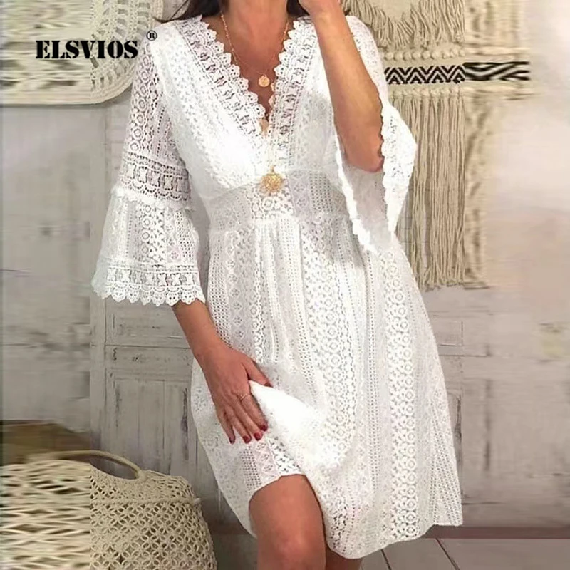 

Elegant Lace Hollowed Out Dresses For Women V Neck Trumpet Sleeve Short Dress New Fashion Solid Color Evening Party Summer Dress
