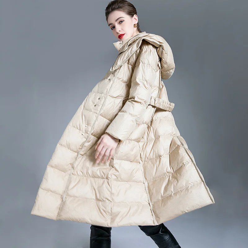 2022 New Silhouette Down Jacket for Winter Women's Long Waist High Fashion Over The Knee White Eiderdown Coat