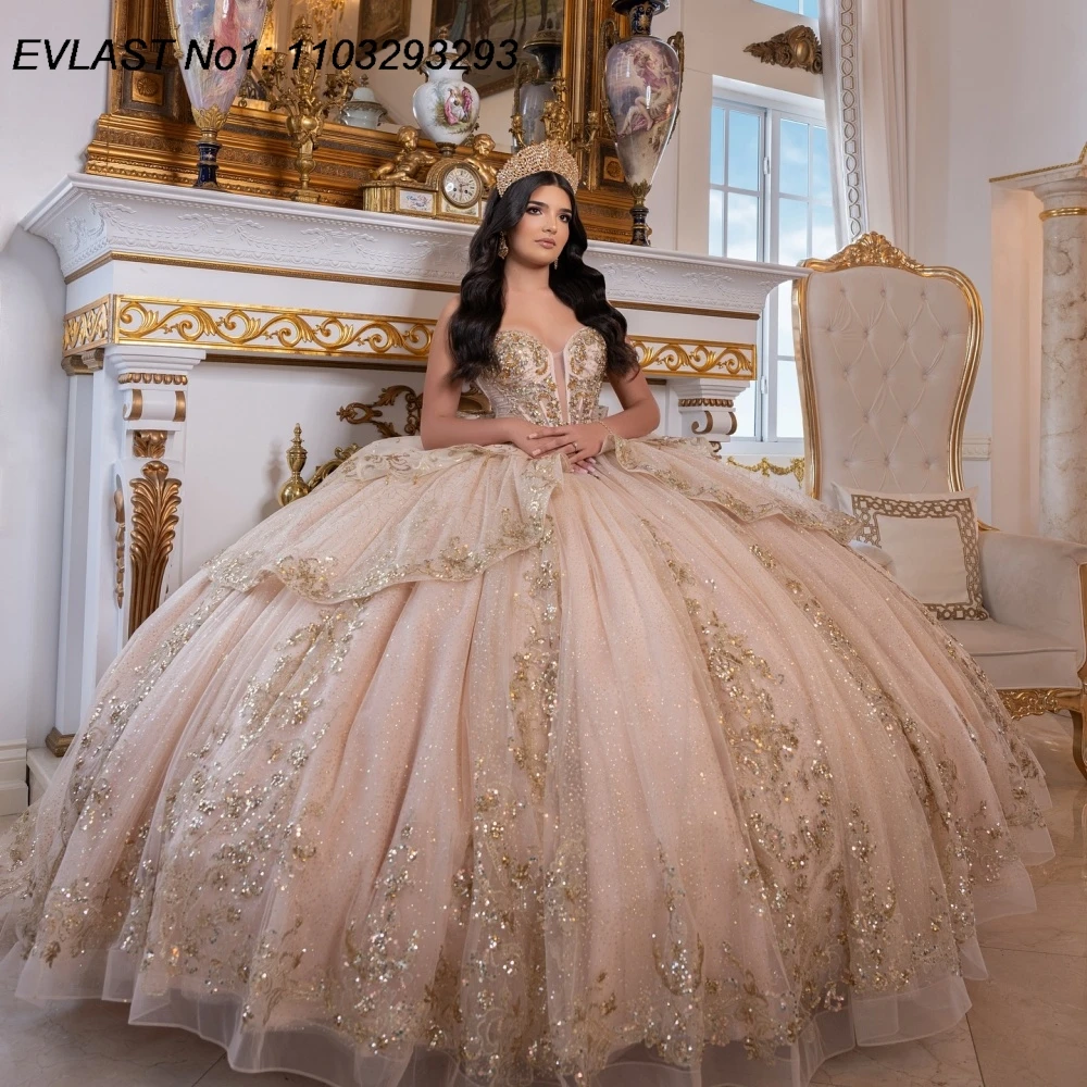 Фото EVLAST блестящее розовое платье Quinceanera по индивидуальному заказу, бальное платье с золотыми блестками, аппликация, бант из бисера, милое платье 16, Vestidos De 15 Anos E1QN685 №2