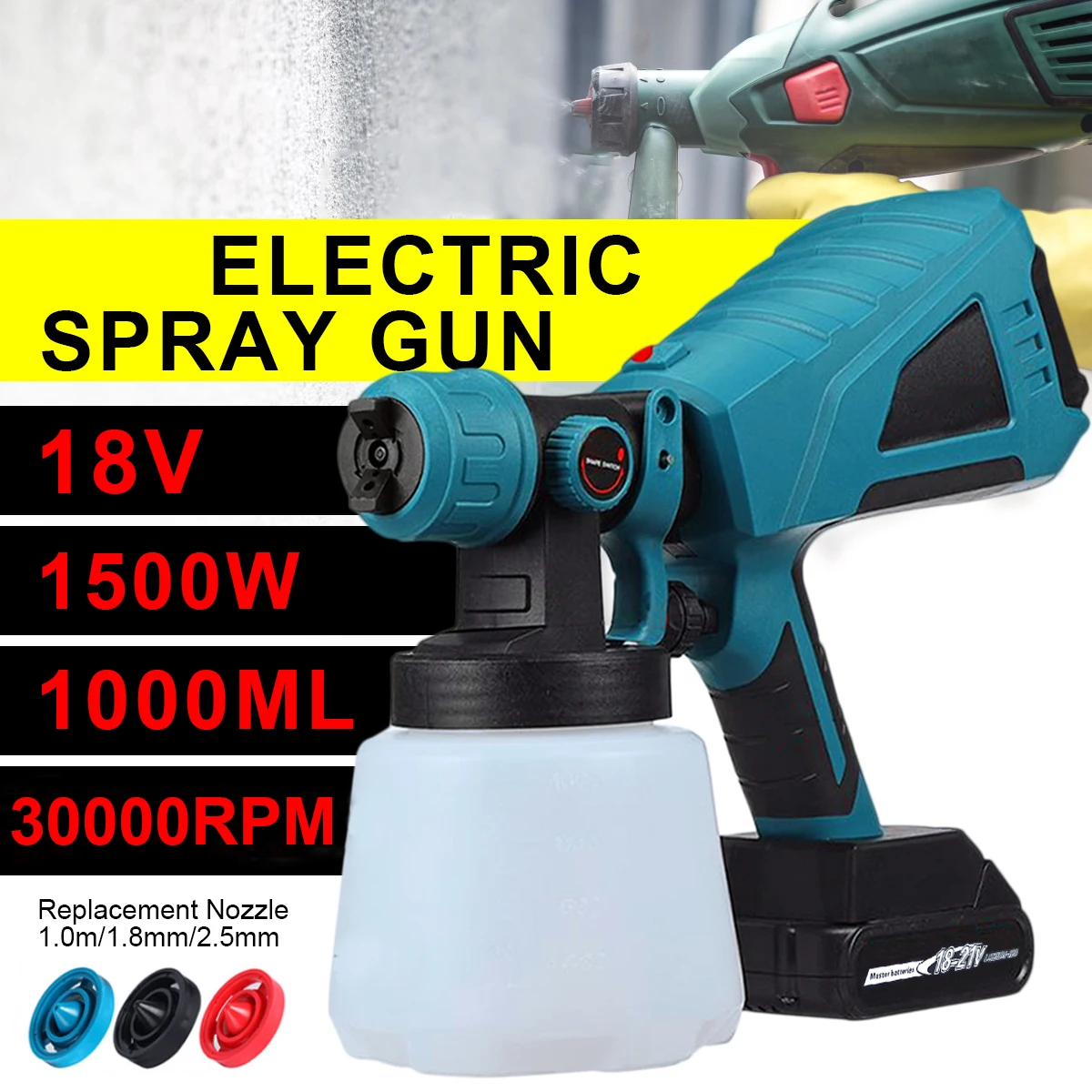 

1500W 1000ML Cordless Electric Spray Gun 3Nozzle Flow Control Airbrush High Power Paint Sprayer Airbrush For Makita 18V Battery