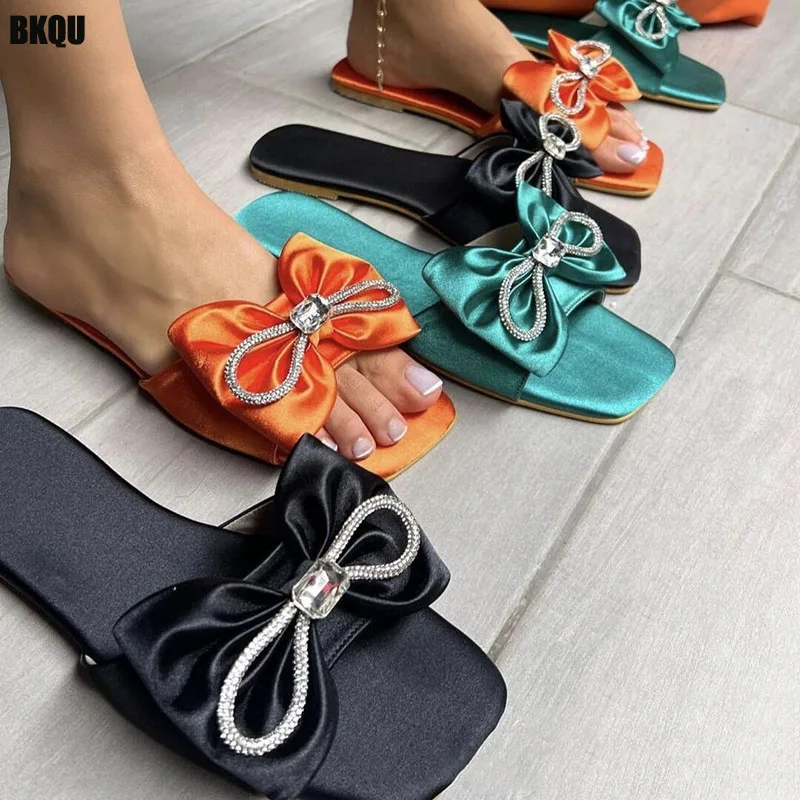 

Crystal Women Square Toe Slippers 2022 Summer Woman Bowtie Casual Flat Ladies Outside Beach Slides Female Home Shoes Big Size 43