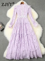 zjyt elegant floral maxi lace dress women party 2022 new spring long sleeve hollow out evening vestidos designer purple robes