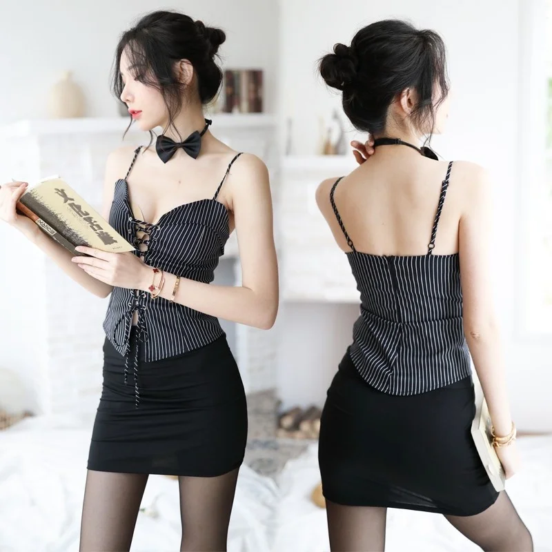 

Erotic Sexy pajamas Female nightdress Sexy Porno Underwear style female striped front cross elastic Hip Wrap Skirt