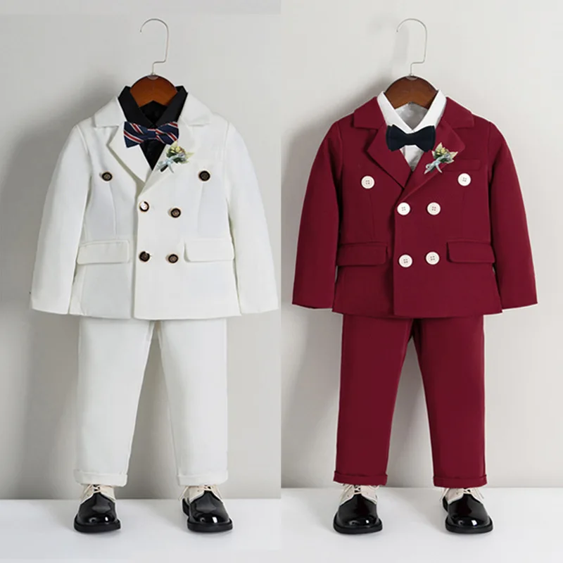 

Clothes Costume Boy Wedding Set Bowtie Kids Pants Burgundy Children's Suit Piano Autumn Blazer Party White Spring Performance